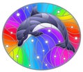 Stained glass illustration with dolphin on a rainbow background  and air bubbles Royalty Free Stock Photo