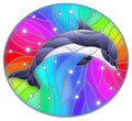 Stained glass illustration with dolphin on a rainbow background  and air bubbles Royalty Free Stock Photo