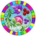 Stained glass illustration with floral ornament, flowers, leaves and berries in a bright frame, round image