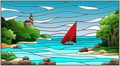 Illustration in the style of stained glass with sea views, sailing in rocky Bay on the background of sea and sun