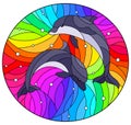 Stained glass illustration with two  dolphins on a rainbow background  and air bubbles Royalty Free Stock Photo