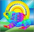 Illustration in the style of a stained glass window with an abstract bright toad and the sun on a geometric background Royalty Free Stock Photo