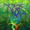 Illustration in the style of a stained glass window with an abstract bright tree on the green background Royalty Free Stock Photo