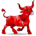 An illustration in the style of a stained glass window with an abstract brught bull, animal isolated on a white background