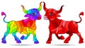 Illustration in the style of a stained glass window with an abstract brught bulls, animals isolated on a white background