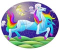 Illustration in the style of a stained glass window with an abstract horse on the background of a night landscape Royalty Free Stock Photo