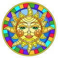 Stained glass illustration with abstract sun in bright frame,round image Royalty Free Stock Photo