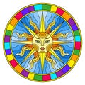 Stained glass illustration with abstract sun in bright frame, round image Royalty Free Stock Photo