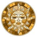 Stained glass illustration with abstract sun in frame,round image,brown tone