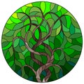 Illustration in the style of a stained glass window with an abstract tree on the green background, round image Royalty Free Stock Photo