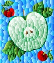 Illustration in the style of a stained glass window with a apple, cherries and leaves on a blue background Royalty Free Stock Photo