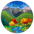 Stained glass illustration with an autumn landscape, a stream, trees and bushes against the background of mountains and the sky