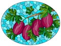 Stained glass illustration with a branch of ripe red gooseberries, berries and leaves on a blue background, oval image