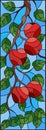 Stained glass illustration with the branches of Apple trees , the fruit branches and leaves against the sky,vertical orientation