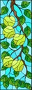 Stained glass illustration with the branches of Apple trees , the fruit branches and leaves against the sky,vertical orientation
