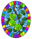 Stained glass illustration with the branches of Apple trees , the fruit branches and leaves against the sky, oval image in bright