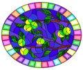 Stained glass illustration with the branches of Apple trees , the fruit branches and leaves ,oval image in bright frame