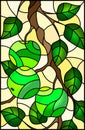Stained glass illustration with stained glass window with the branches of Apple trees , the fruit branches and leaves on a yellw