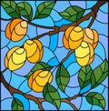 Stained glass illustration with with the branches of apricot  tree , the  branches, leaves and fruits against the sky Royalty Free Stock Photo