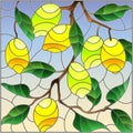 Stained glass illustration with the branches of lemon tree , the fruit branches and leaves against the sky Royalty Free Stock Photo