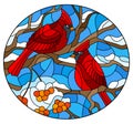 Stained glass illustration with bright cardinal birds on snow-covered tree branches, oval image