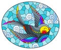 Stained glass illustration with a bright cartoon swallow and butterfly against a cloudy sky, oval image