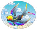 Stained glass illustration with a bright cartoon swallow and butterfly against a cloudy sky, oval image