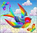 Stained glass illustration with a bright cartoon swallow and butterfly against a cloudy sky, rectangular image