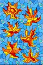 Stained glass illustration with  bright maple leaves and raindrops on a blue sky background Royalty Free Stock Photo