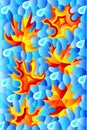 Stained glass illustration with bright maple leaves and raindrops on a blue sky background Royalty Free Stock Photo
