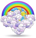 Stained glass illustration with a cloud and a rainbow isolated on a white background