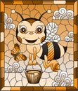 Illustration in the style of a stained glass window with a cute cartoon bee on a blue sky background Royalty Free Stock Photo