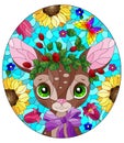 Contour set with a cute cartoon fawn on a background of leaves, flowers and the sky, oval image