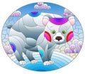 Stained glass illustration with a cute cartoon polar bear on the background of snow and a cloudy sky, oval image Royalty Free Stock Photo