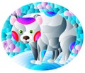 An illustration in the style of a stained glass window with a cute cartoon polar bear on the background of snow and a cloudy sky Royalty Free Stock Photo