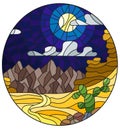 Stained glass illustration with a desert night landscape, oval image