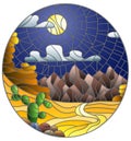 Stained glass illustration with a desert night landscape, oval image