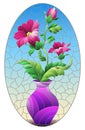 Stained glass illustration with a floral still life, a vase with pink  flowers  on a blue background, oval image Royalty Free Stock Photo