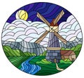 Stained glass illustration with a landscape, a mill against a background of meadows, mountains and a night sky