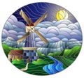 Stained glass illustration with a landscape, a mill against a background of meadows, mountains and a night sky