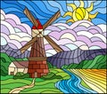 Stained glass illustration with a landscape, a mill against a background of meadows, mountains and a sunny sky