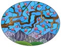 Stained glass illustration with a landscape, sakura branches against the background of mountains and sky
