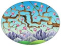 Stained glass illustration with a landscape, sakura branches against the background of mountains and sky