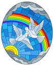 Stained glass illustration with a pair of pigeons on the background of a rainbow, sun and cloudy sky