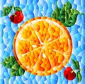 Illustration in the style of a stained glass window with a slice of orange, cherries and leaves on a blue background Royalty Free Stock Photo