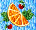 Illustration in the style of a stained glass window with a slice of orange, cherries and leaves on a blue background Royalty Free Stock Photo