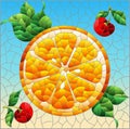 Illustration in the style of a stained glass window with a slice of orange, cherries and leaves on a blue background Royalty Free Stock Photo