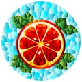 Illustration in the style of a stained glass window with a slice of orange, cherries and leaves on a blue background