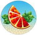 Illustration in the style of a stained glass window with a slice of orange, cherries and leaves on a blue background Royalty Free Stock Photo