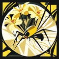 Illustration in the style of a stained glass window with a spider and a bouquet of daffodils Generative AI